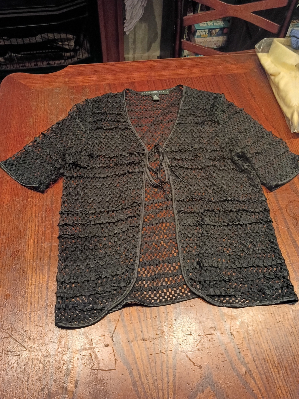 Vintage Josephine Chaus Black Crochet Tie-Front Cardigan